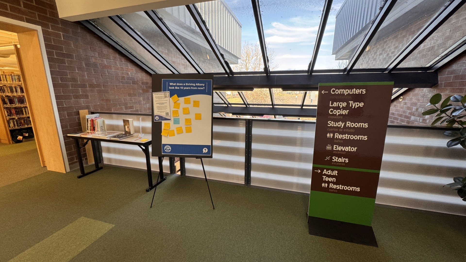 Sticky note board at the library where patrons could answer the question of the week to help shape the strategic plan.
