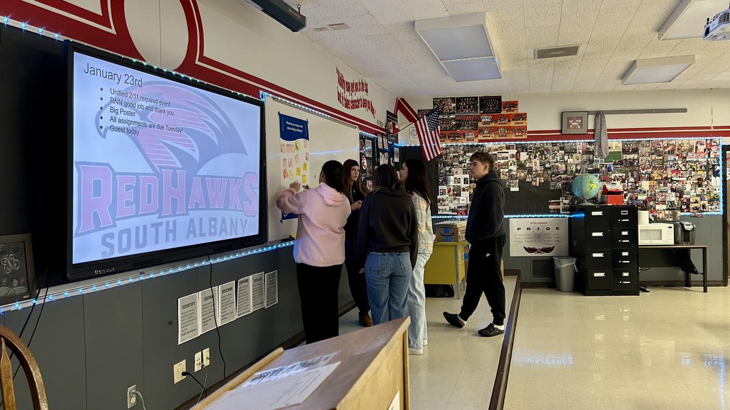 Students at South Albany High School's leadership class participate in an engagement exercise.
