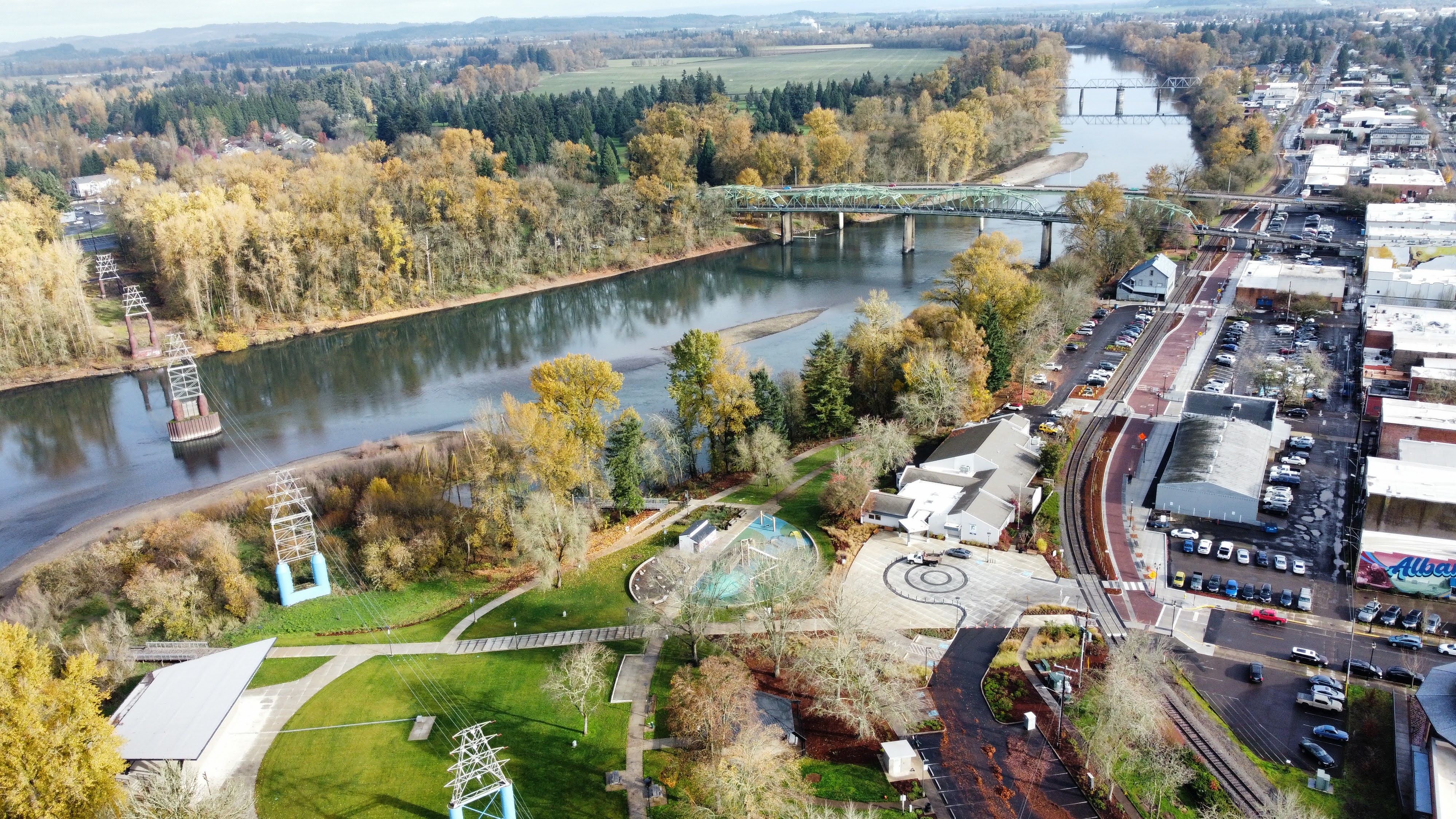 Aerial view of the new Albany riverfront and Monteith Park along Water Avenue
